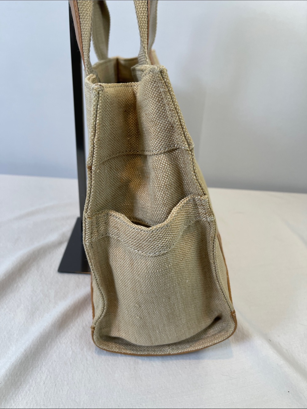 Tory Burch Ella Canvas Tote Beige Natural Canvas Leather Trim Small Tote Bag - Picture 8 of 15